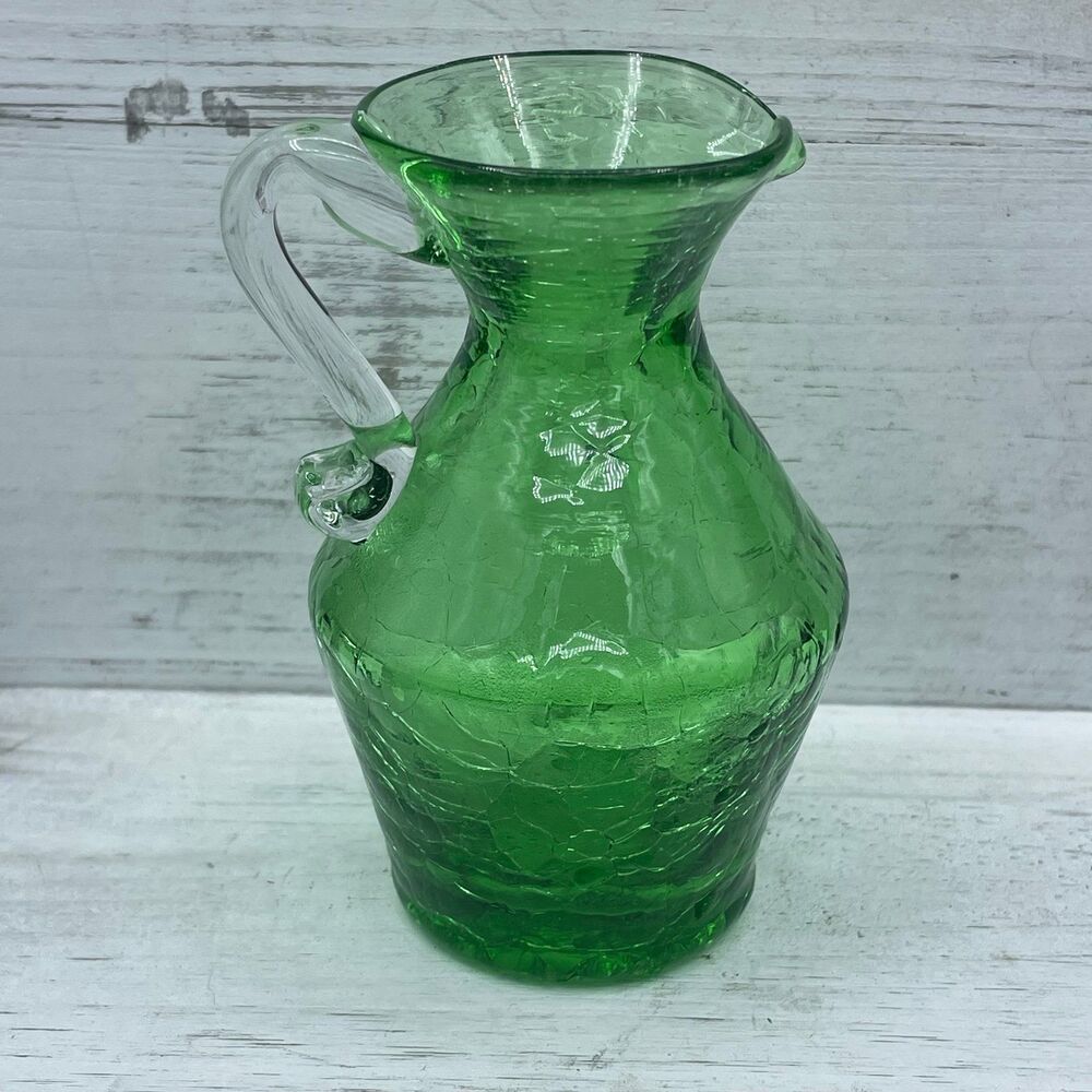 Vintage Green Crackle Glass Mini Pitcher Hand Blown Clear Handle Pontil Creamer